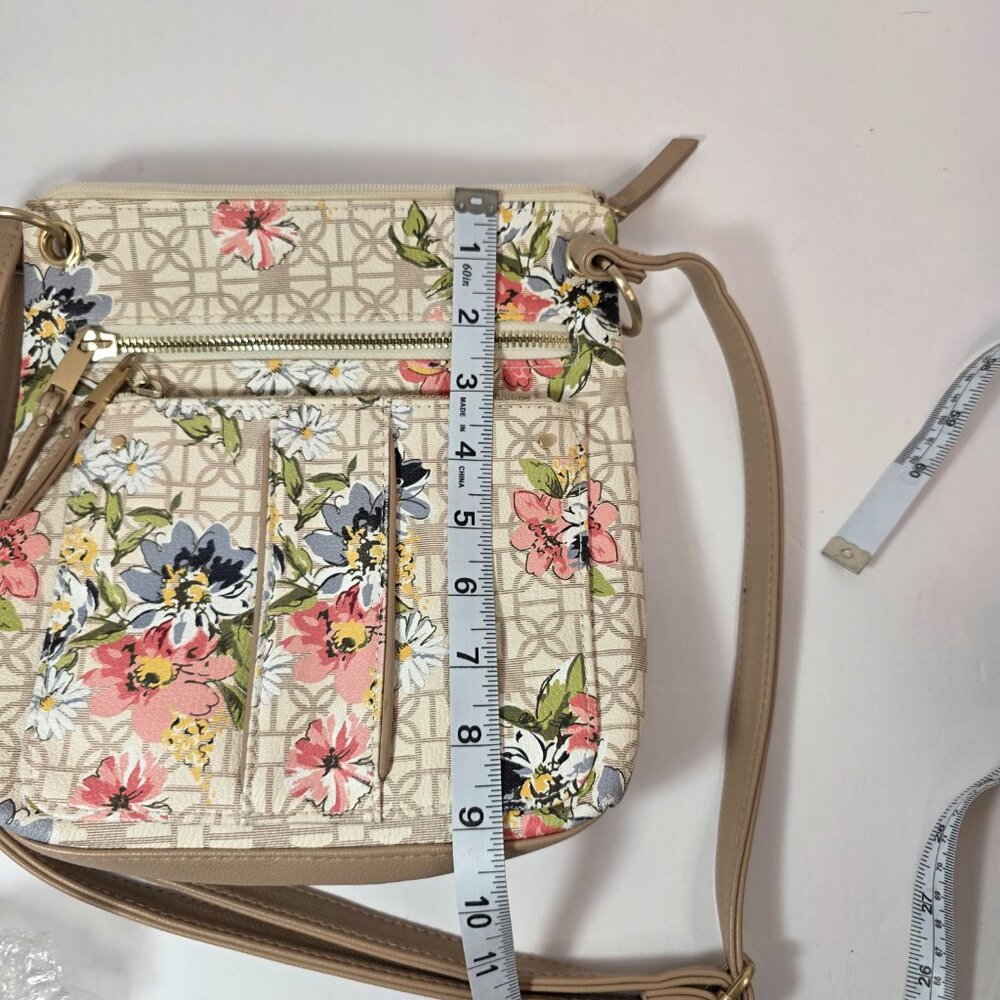 Floral Crossbody Bag Tan Neutral Multi Pocket Adjustable Strap - Picture 9 of 9